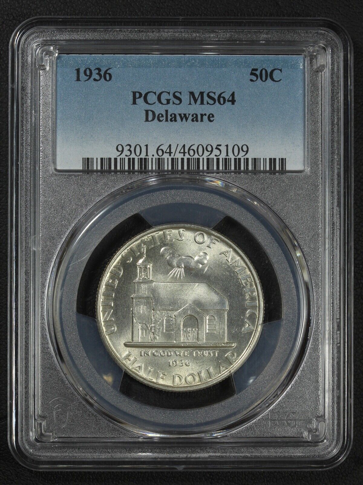 1936 Delaware Silver Commemorative Half Dollar Pcgs Ms 64