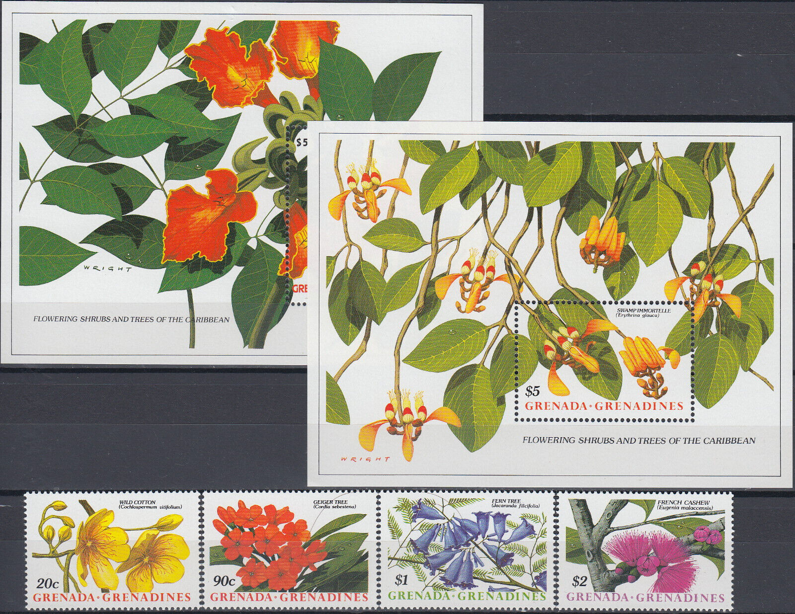 Grenada-gren Set & Both S/s Flowering Trees 1988 Mnh-19 Euro