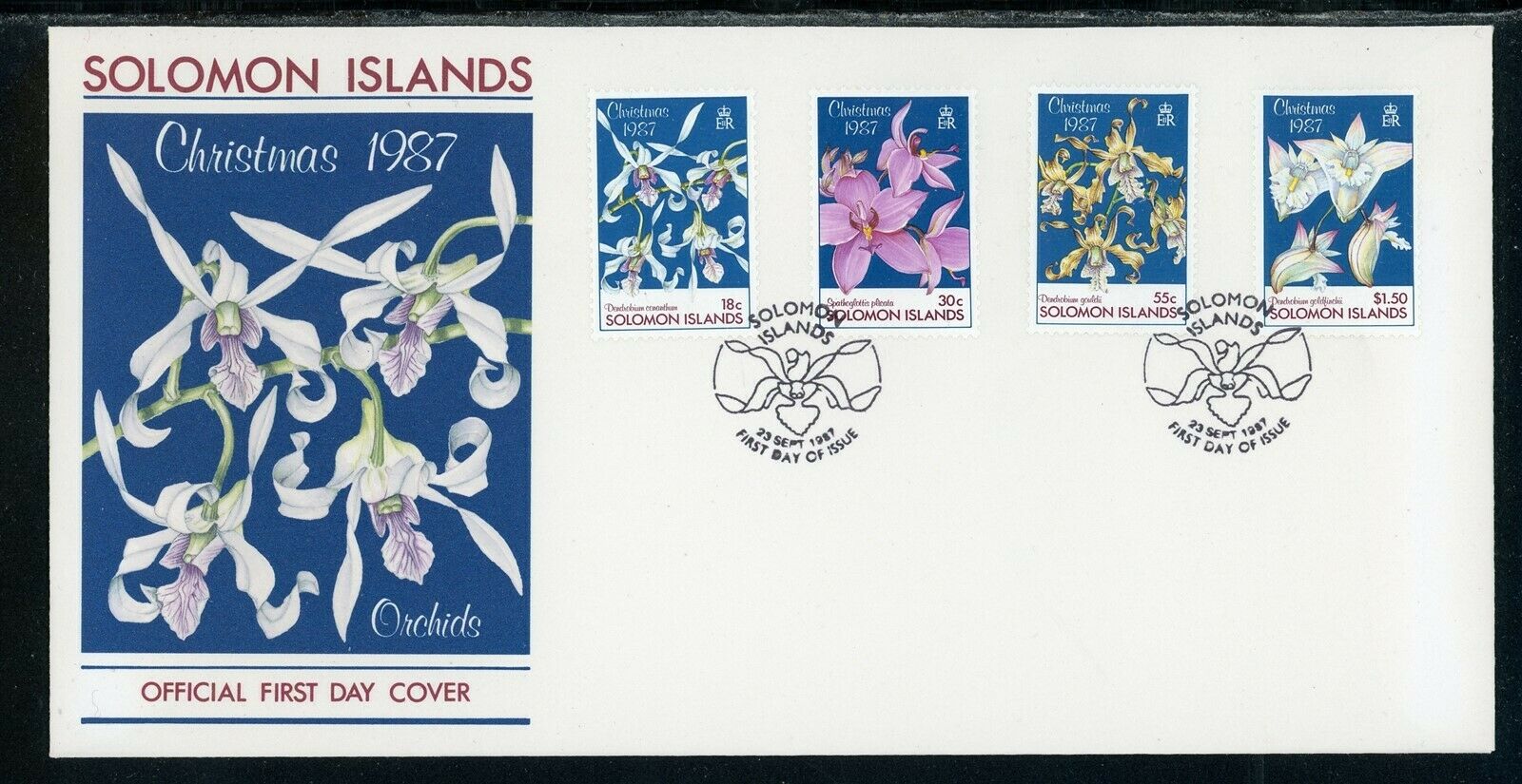 Solomon Islands Scott #598-601 FIRST DAY COVER Christmas 1987 Orchids FLORA $$