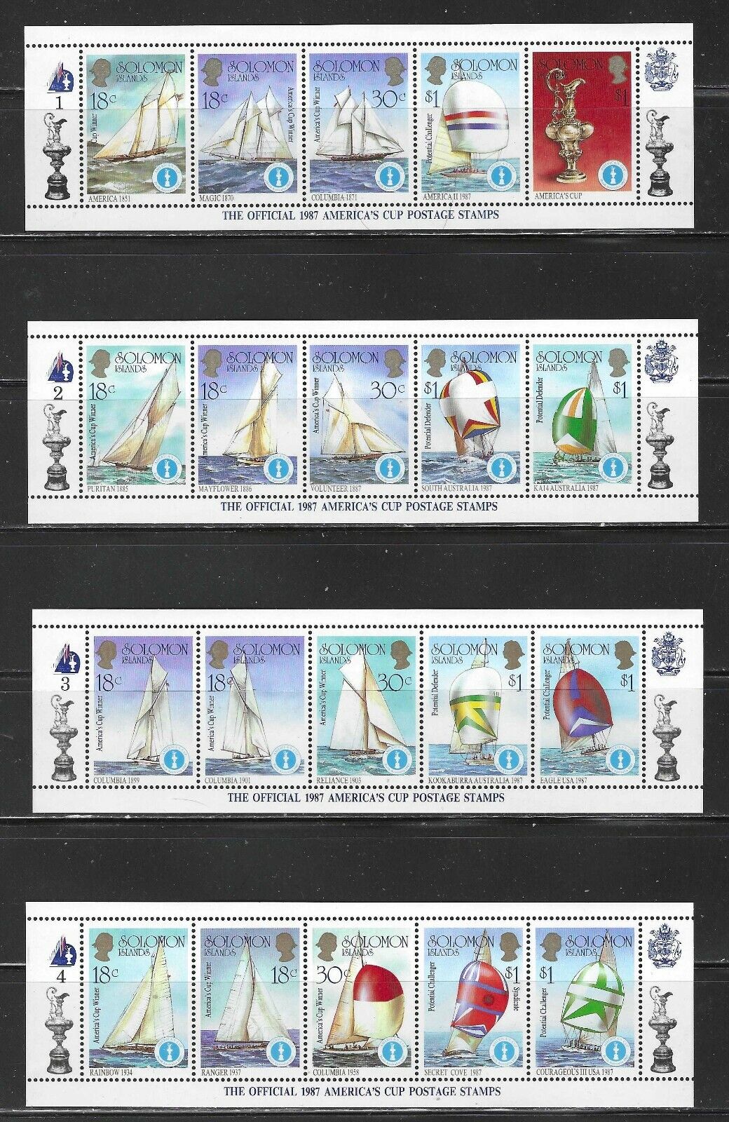 SOLOMON ISLANDS -570-574 STRIPS OF 5 & LABELS+575 S/S - MNH-1986 - AMERICA'S CUP