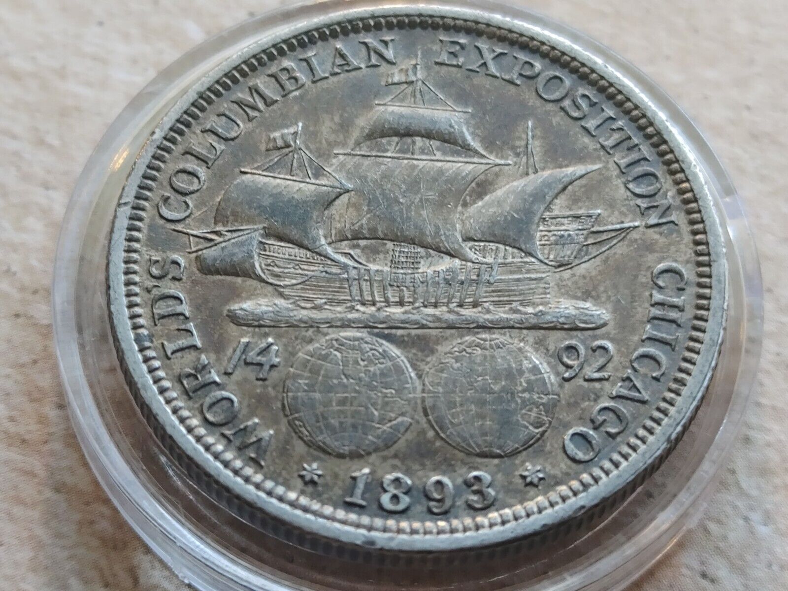 1893 Us Columbian Exposition Silver Half Dollar With New Holder. Superb Toning.