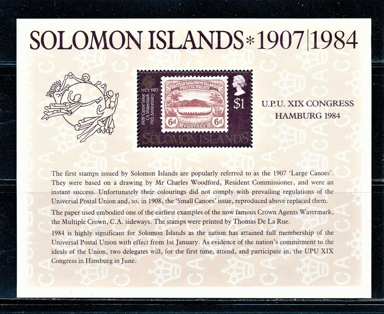 Solomon Islands 1984 Stamp On Stamp O/p Upu Congress Hamburg S/s Sct 525