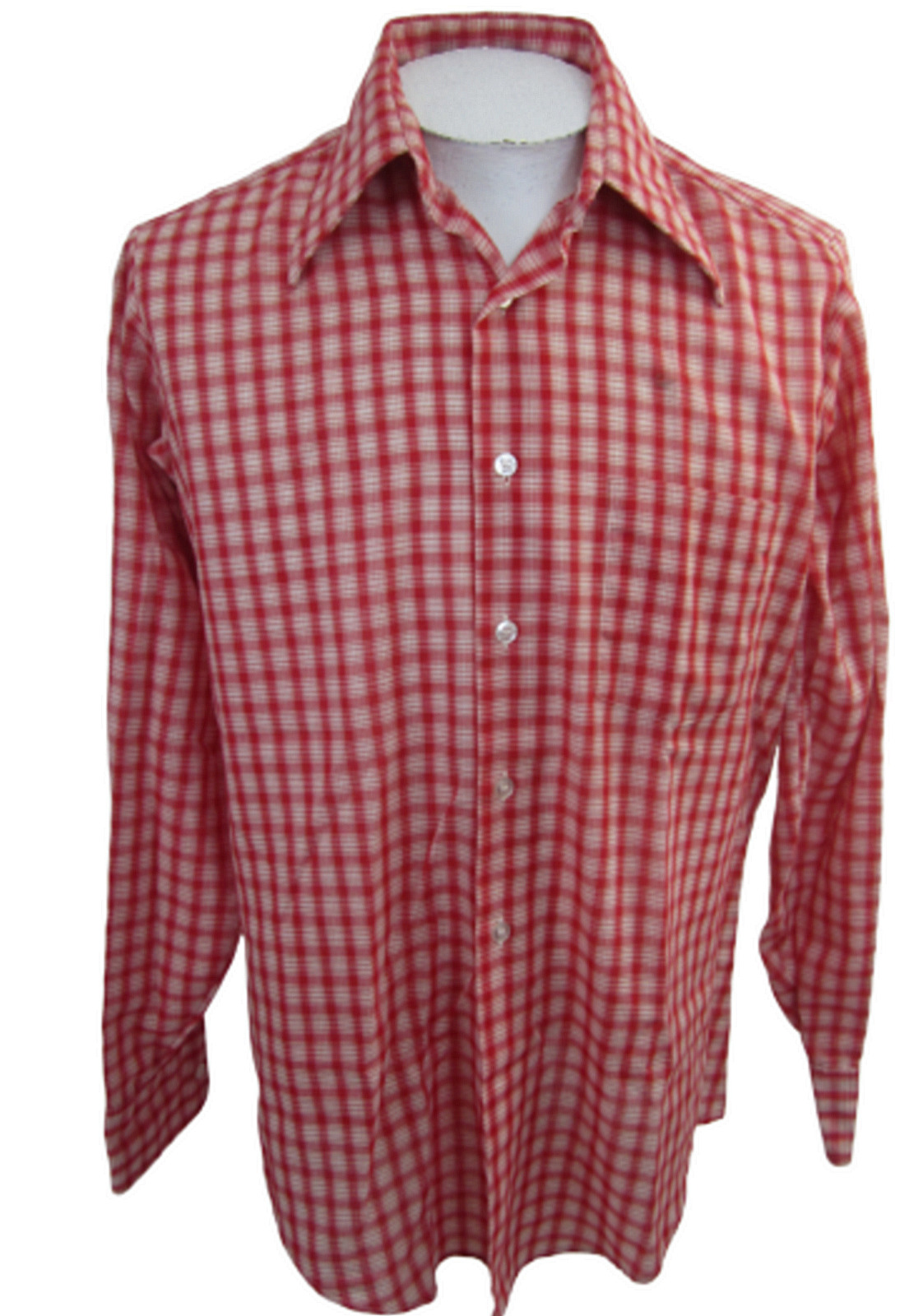Venture Vintage 60s-70s Men Dress Shirt L/s Plaid Red White 15.5x34 Disco Collar