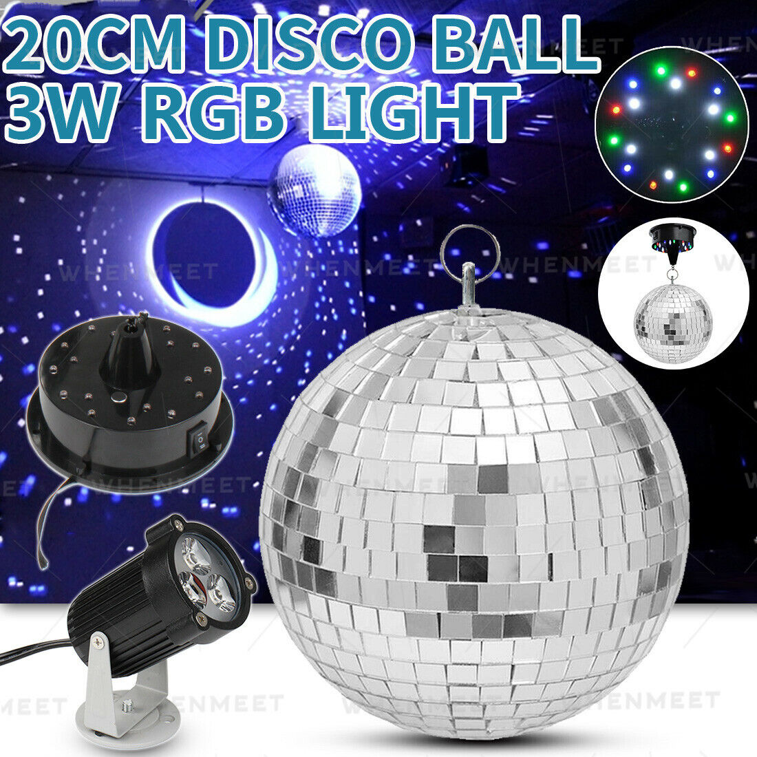 20cm Mirror Disco Ball DJ Stage Party LED Light Rotating Motor 3W Spotlight Kit