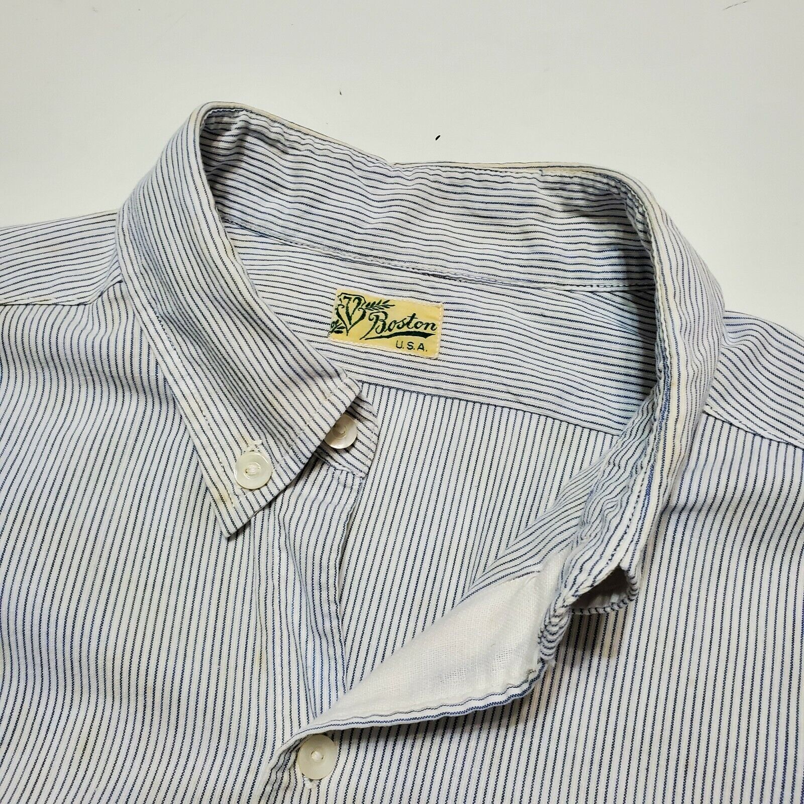Boston USA Striped Shirt Ribbed Cotton 16 Sportswear Formal Antique Pearl Button