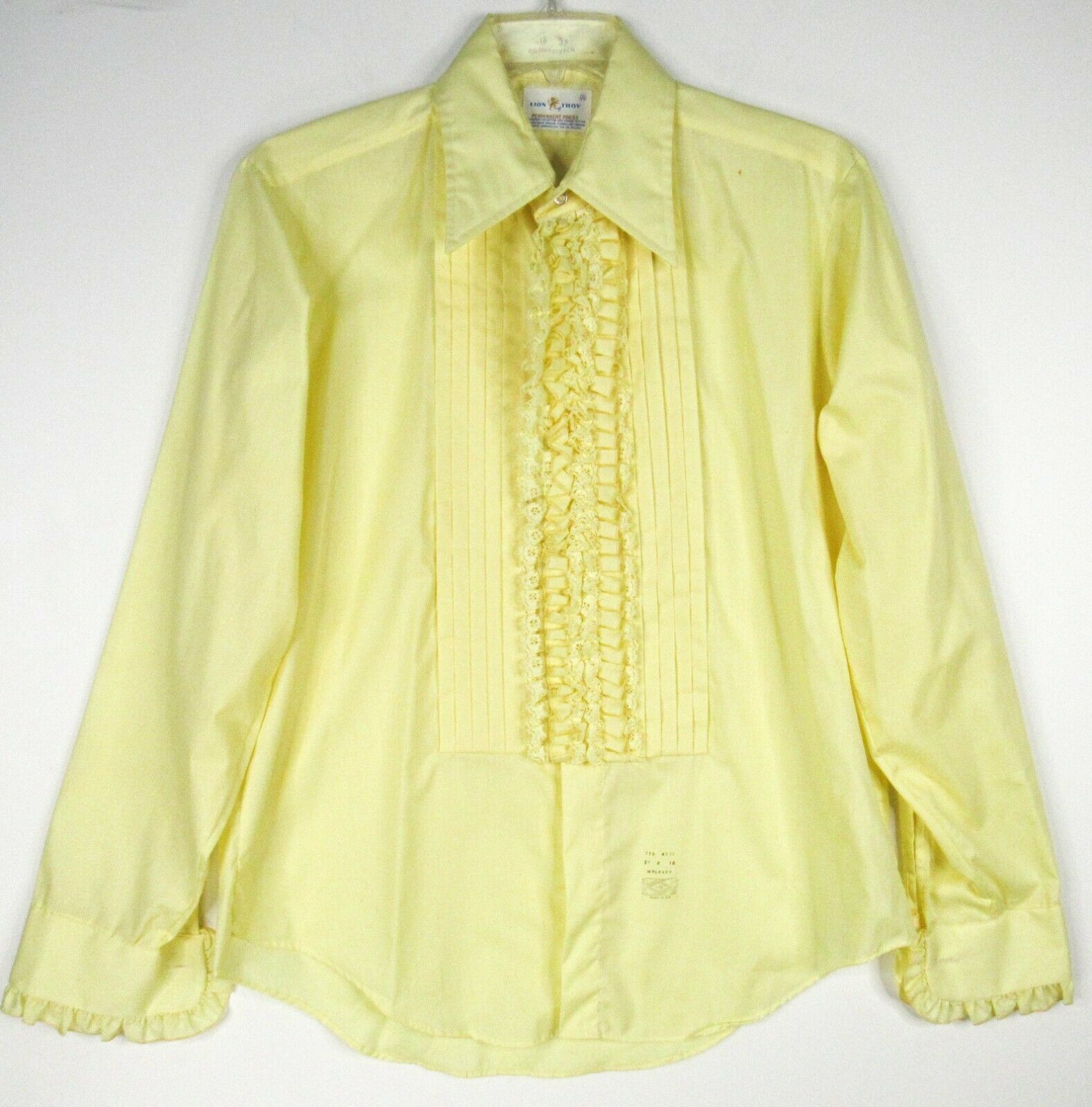 Vintage 70s Yellow Tuxedo Shirt Xl 16-35 Ruffles French Cuff Prom Lion Of Troy