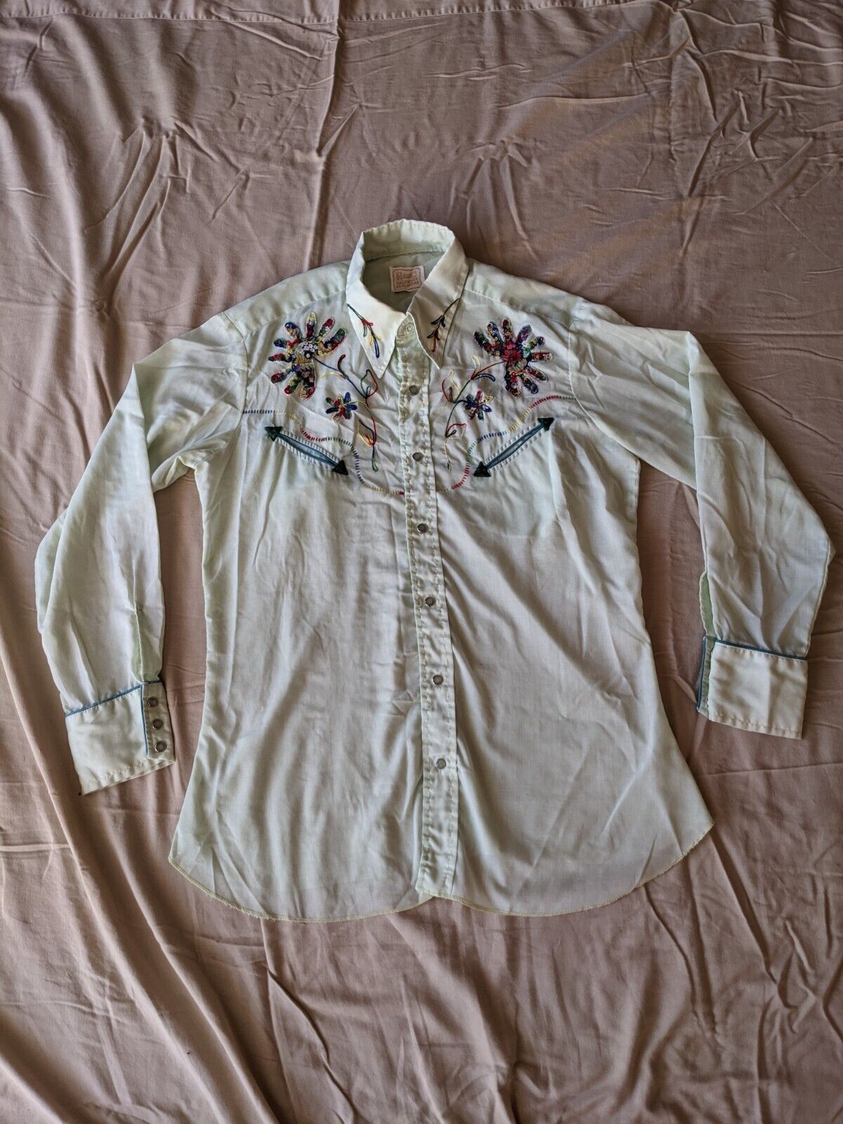 Vintage 70s H BAR C Rainbow Embroidered WESTERN Pearl Snap Shirt RANCHWEAR XL