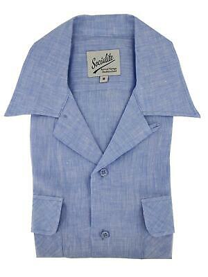 1940s 1950s Vintage Style Socialite Replica Blue 100% Linen Leisure Shirt