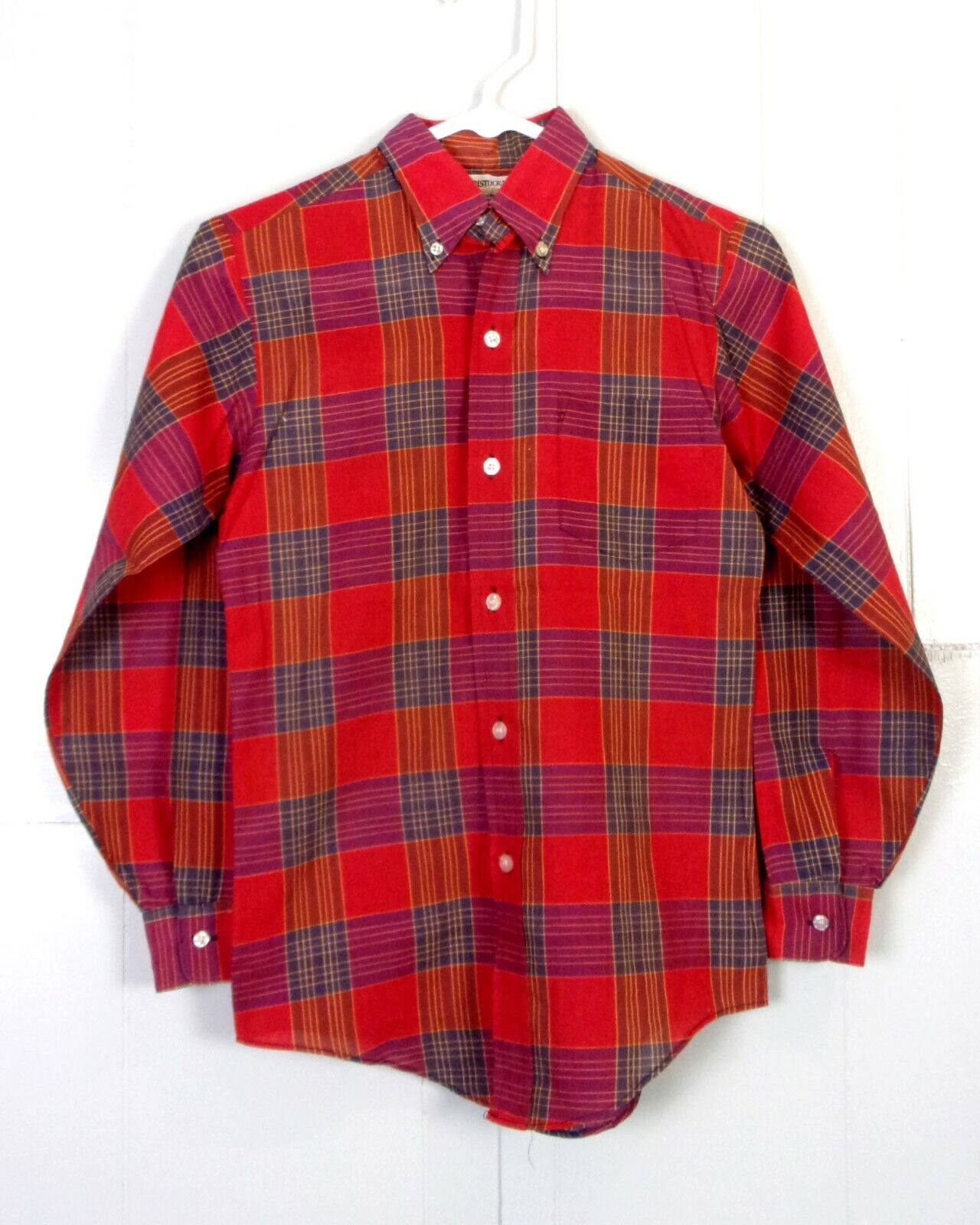 vtg 50s 60s Aristocrat Red Plaid Button Back Collar Dress Shirt Youth L 14 XS