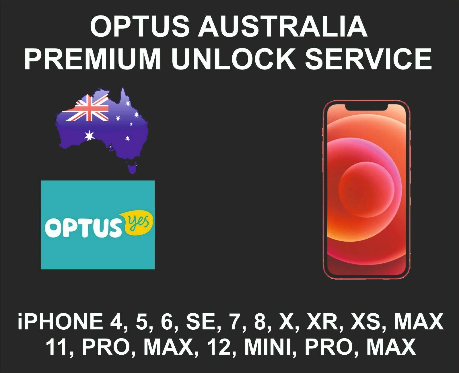 Optus Australia Premium Unlock Service, Fits Iphone 6, 7, 8, X, Xr, Xs, 11, 12