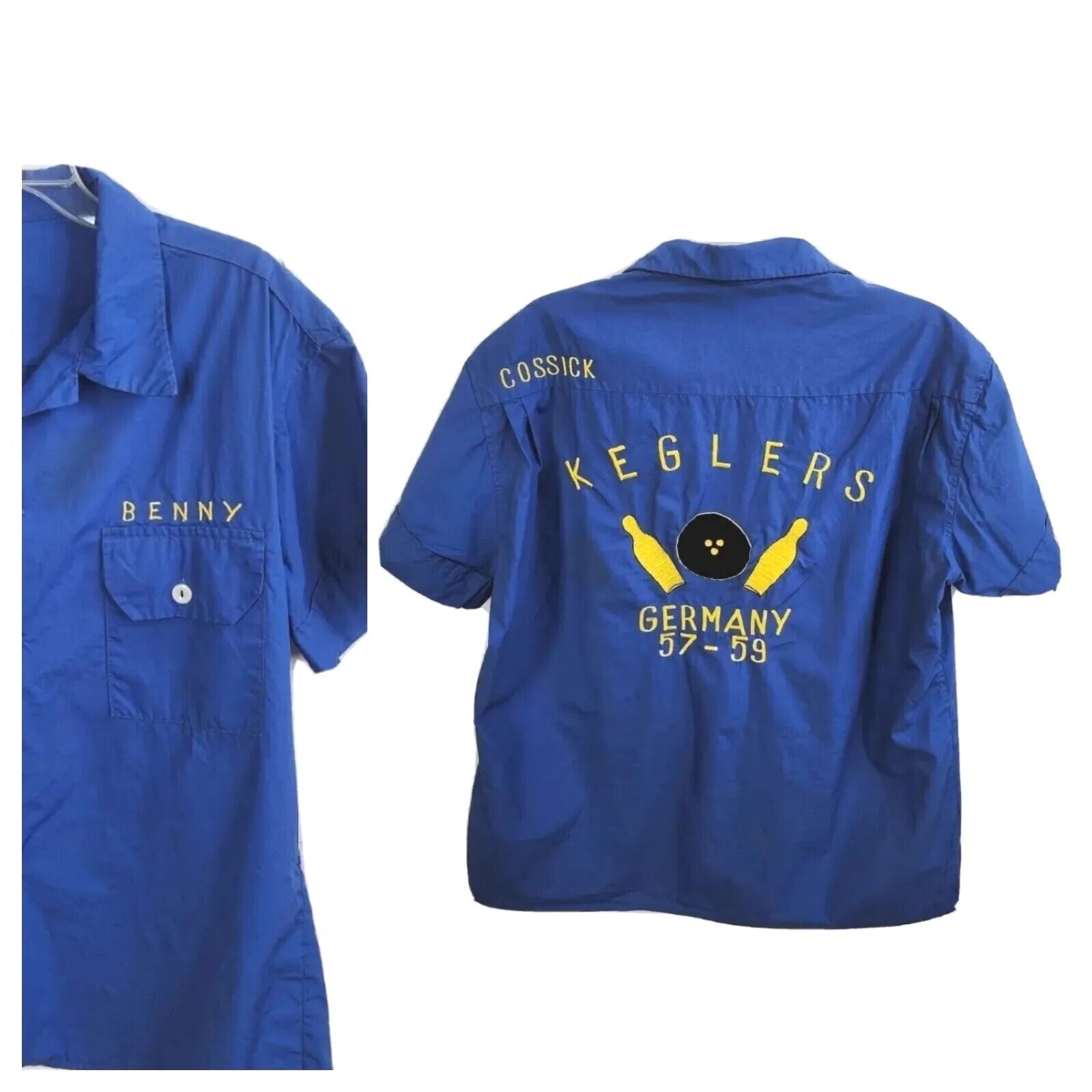 Mens Vtg 50s 60s BLUE Cotton Button Up German Bowling Shirt 1957-1959 sz XL
