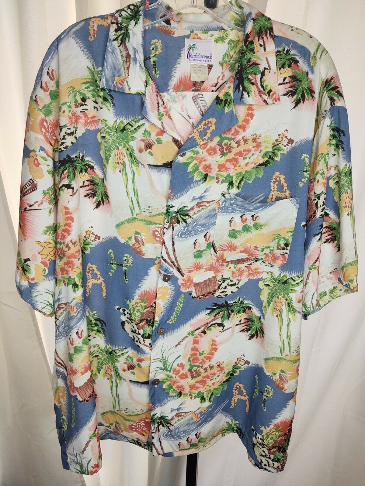 Vintage Reminiscence Stewart Richer Rayon Hawaiian Hula Girl Shirt Size Large