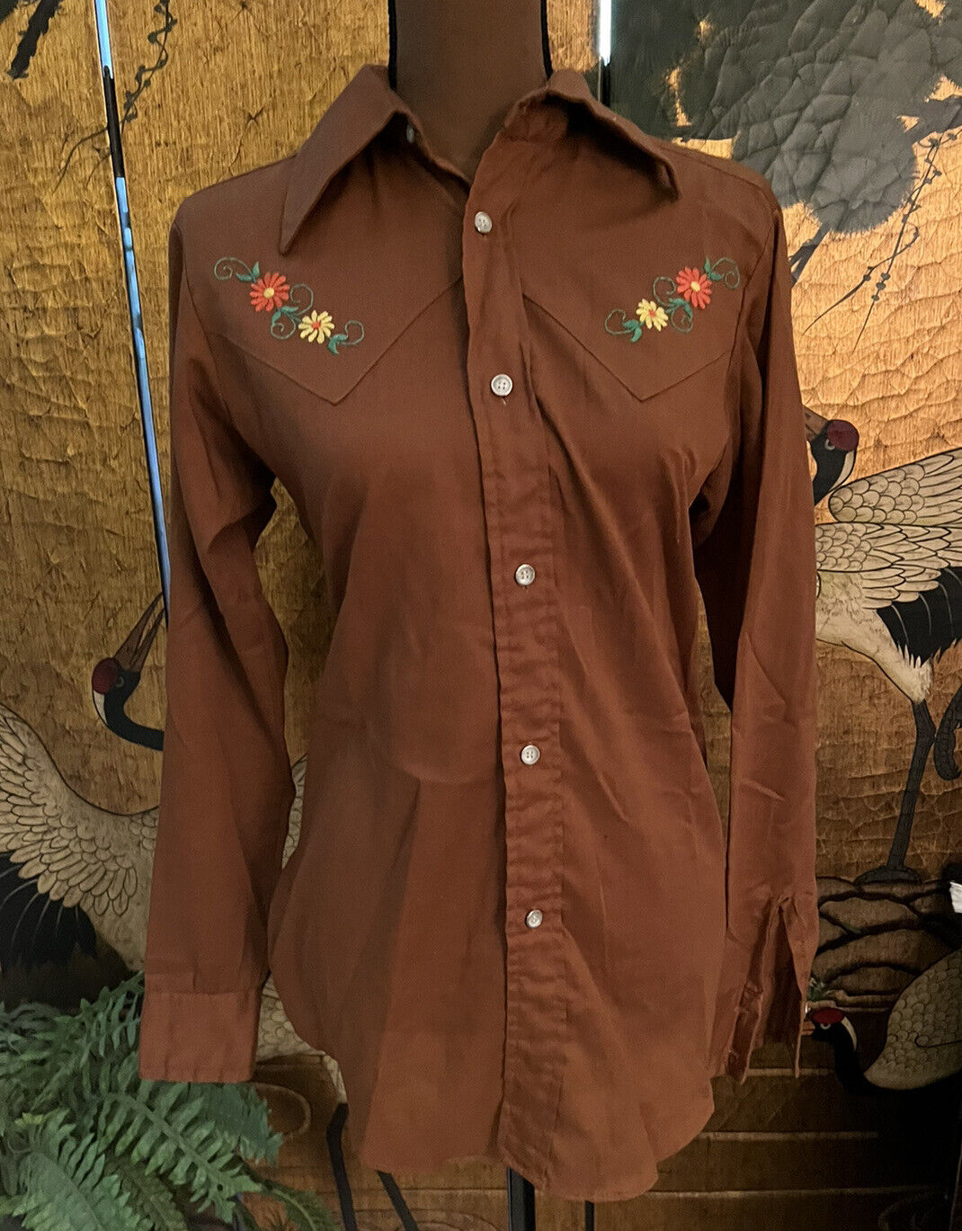 vintage 70s embroidered brown floral county seat western cowboy shirt