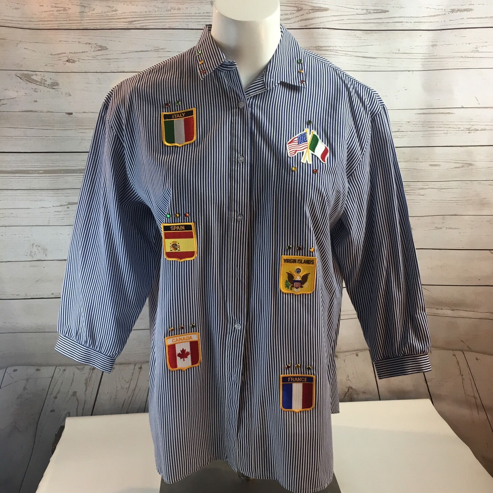 Richard Simmons Vintage Blue Stripe Button Up Shirt Country Badges Size 2x