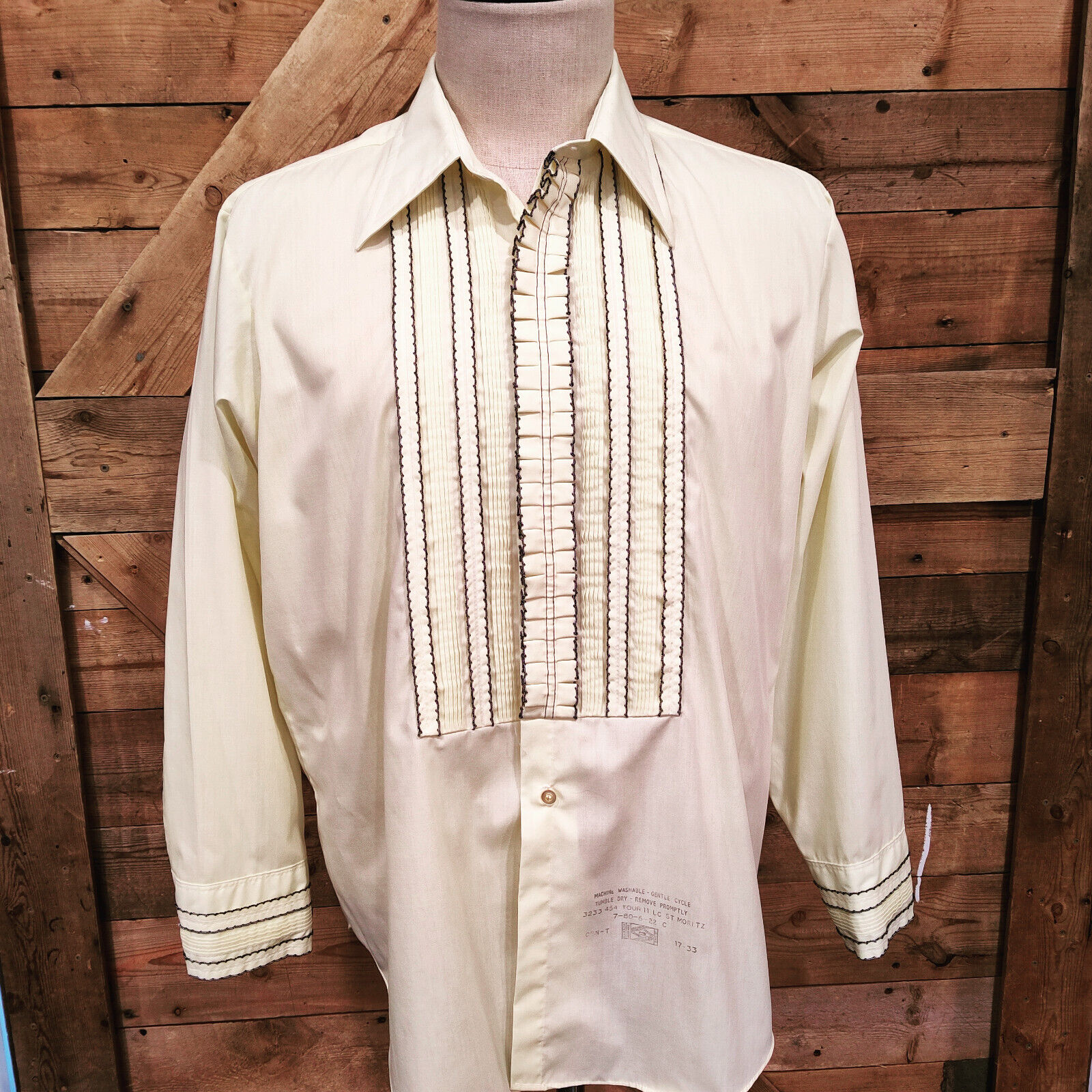 Vintage 1970s Pale Yellow Ruffled Tuxedo Disco Shirt by Arrow 17-33 XL 50