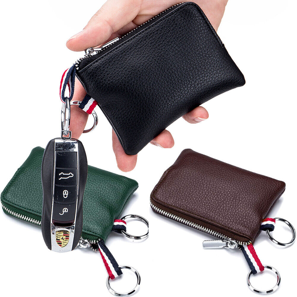 Genuine Leather Car Key Keychain Holder Metal Keyring Zip Small Bag Card Wallets