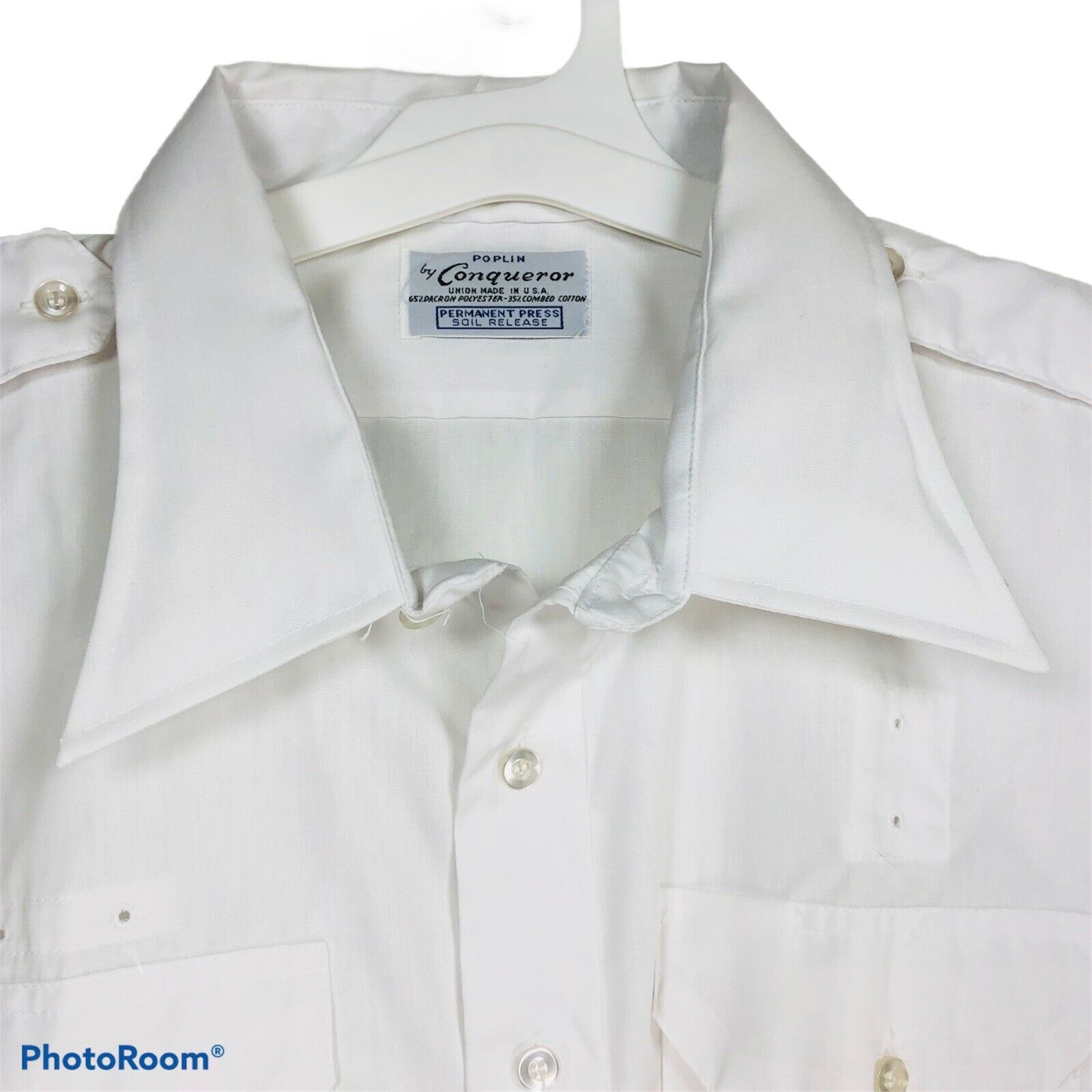 Vintage 1970s Conqueror Union Made White Collar Uniform Long Sleeve Shirt 19/4