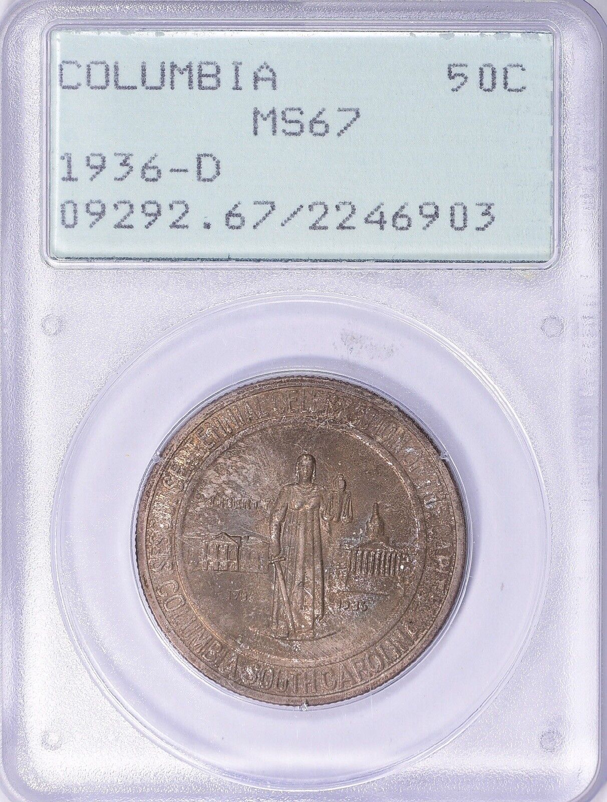 1936-D Columbia Commemorative Half Dollar PCGS MS67 OGH Rattler